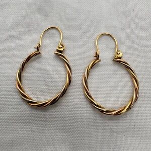 14K Solid Gold 16.5MM Multi-tone Twisted Hoop Earrings w/ Curved Post